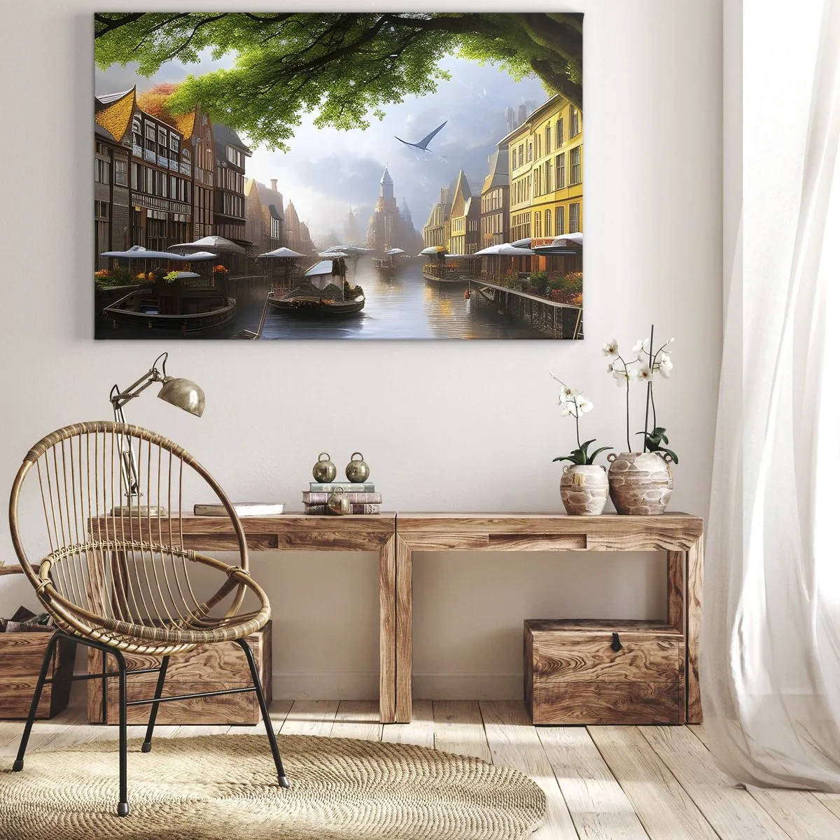 Impression sur toile - Image sur toile - Un paysage hollandais pittoresque avec un canal et des maisons de rapport - 120x80cm - Paysage urbain néerlandais - Décoration murale moderne pour le salon et la chambre ARTTOR