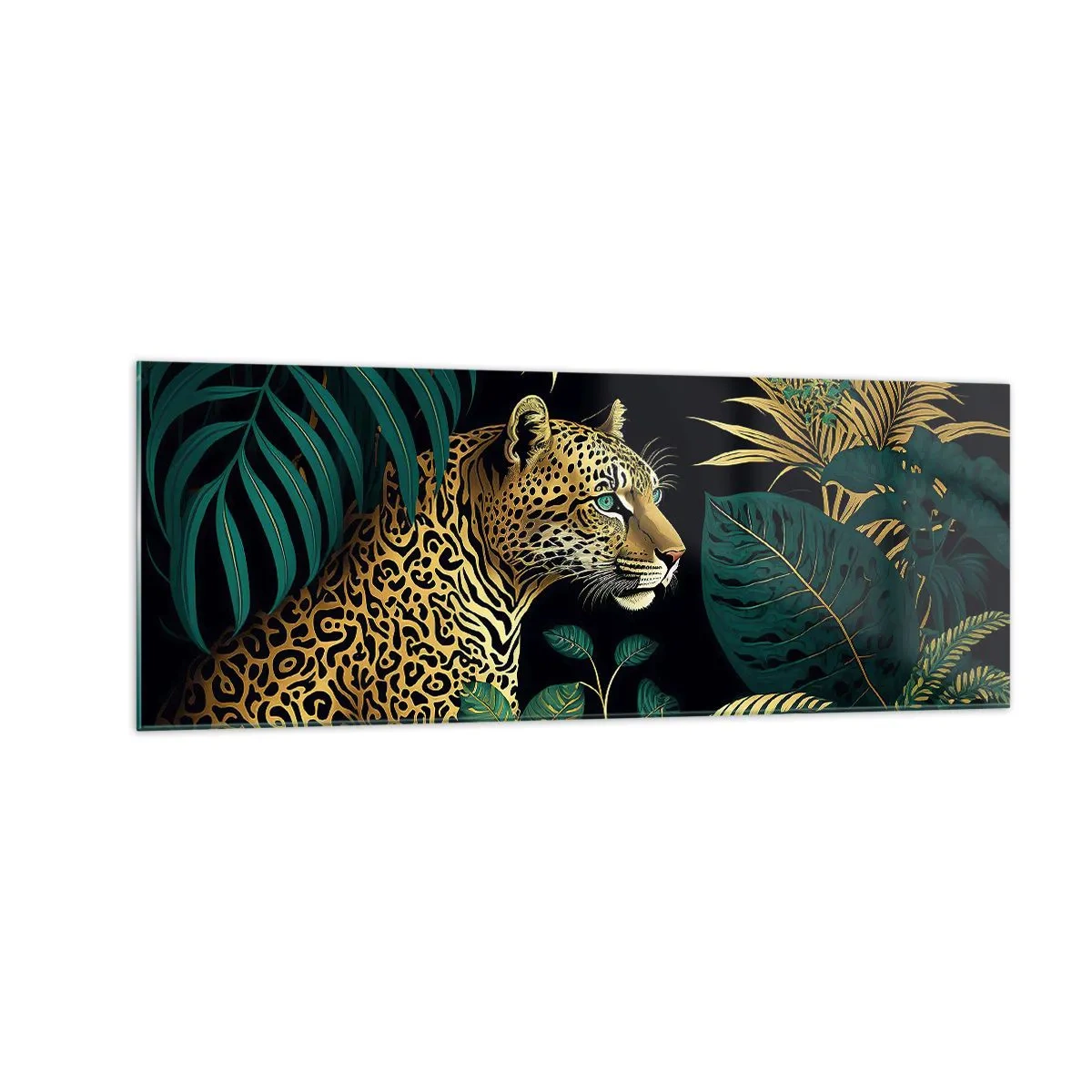 Impression sur verre - Image sur verre - Léopard dans des feuilles tropicales sur fond noir - 140x50cm - Un hôte dans la jungle - Décoration murale moderne pour le salon et la chambre ARTTOR