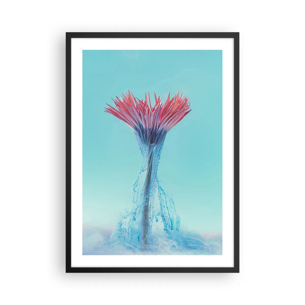 Affiche dans un cadre noir - Poster - Une fleur entourée de ruisseaux colorés sur un fond pastel - 50x70cm - Dans une étreinte vivifiante - Décoration murale moderne pour le salon et la chambre ARTTOR