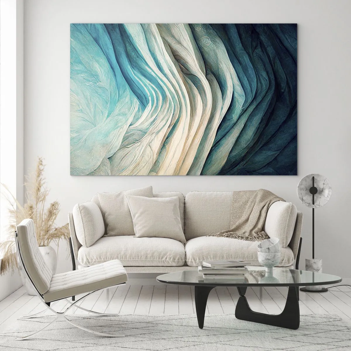 Impression sur verre - Image sur verre - Vagues abstraites dans les tons de bleu et de beige - 70x50cm - Insatiabilité bleue - Décoration murale moderne pour le salon et la chambre ARTTOR