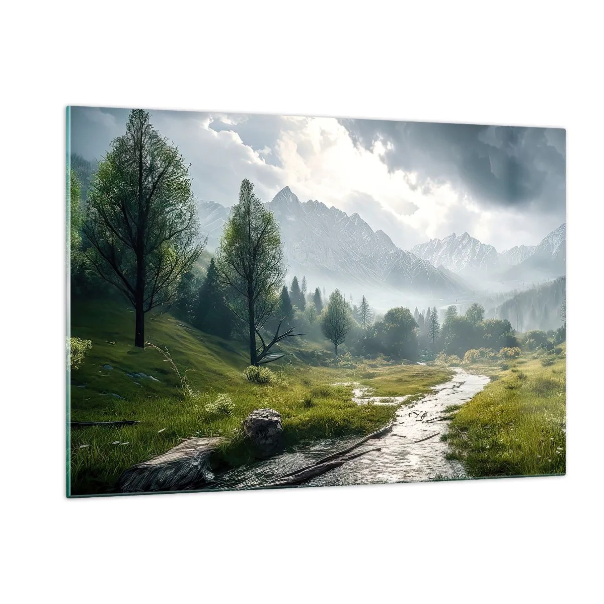Impression sur verre - Image sur verre - Un paysage de montagne avec un ruisseau et une vallée verdoyante le matin - 120x80cm - Aller et retour - Décoration murale moderne pour le salon et la chambre ARTTOR