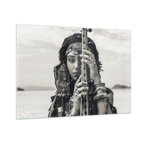 Impression sur verre - Image sur verre - Femme en bijoux orientaux avec un instrument - 100x70cm - Musique de l'Orient elle-même - Décoration murale moderne pour le salon et la chambre ARTTOR