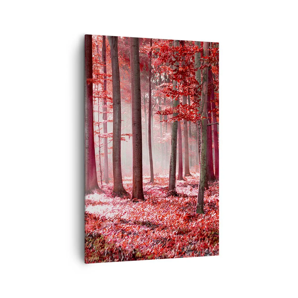 Impression sur toile - Image sur toile - Une forêt époustouflante aux teintes rouges avec des rayons de lumière pénétrant à travers les arbres - 80x120cm - Le rouge est tout aussi beau - Décoration murale moderne pour le salon et la chambre ARTTOR