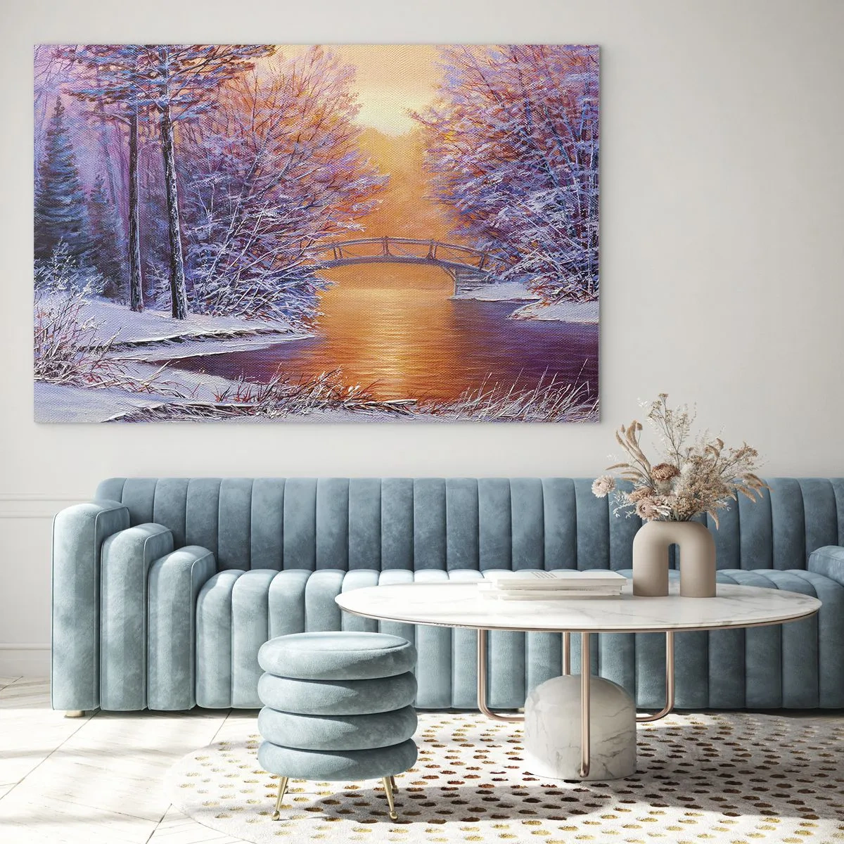 Impression sur verre - Image sur verre - Paysage d'hiver avec un pont et des arbres enneigés au coucher du soleil - 70x50cm - On se rencontre ici - Décoration murale moderne pour le salon et la chambre ARTTOR
