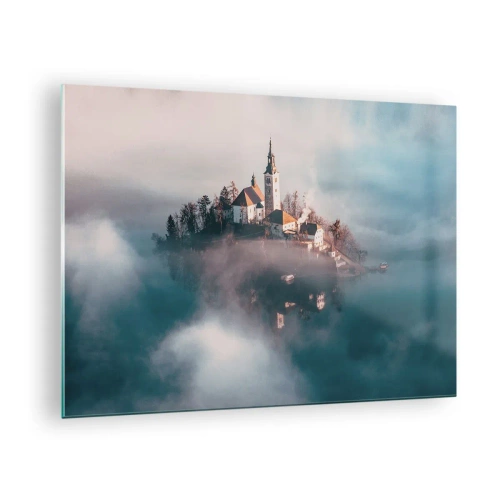 Impression sur verre - Image sur verre - Une île avec une église entourée de brouillard sur un lac calme - 70x50cm - Île de rêve - Décoration murale moderne pour le salon et la chambre ARTTOR