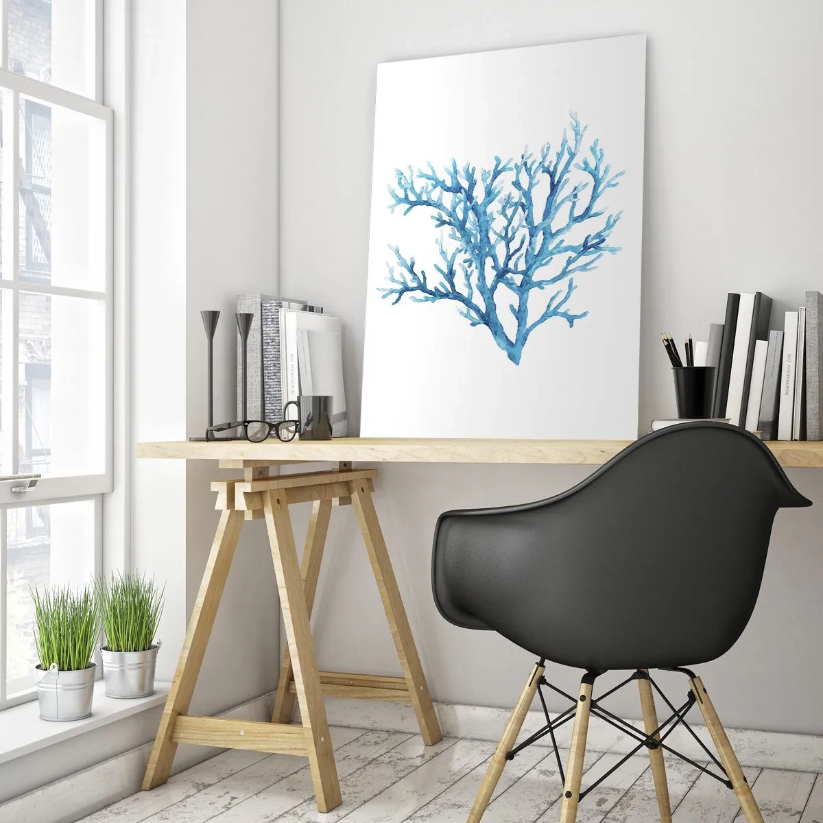 Impression sur verre - Image sur verre - Corail bleu sur fond blanc avec une touche minimaliste - 70x100cm - Filigrane nautique - Décoration murale moderne pour le salon et la chambre ARTTOR