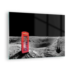 Impression sur verre - Image sur verre - Une cabine téléphonique rouge sur la surface lunaire avec un astronaute - 70x50cm - Une blague cosmique - Décoration murale moderne pour le salon et la chambre ARTTOR