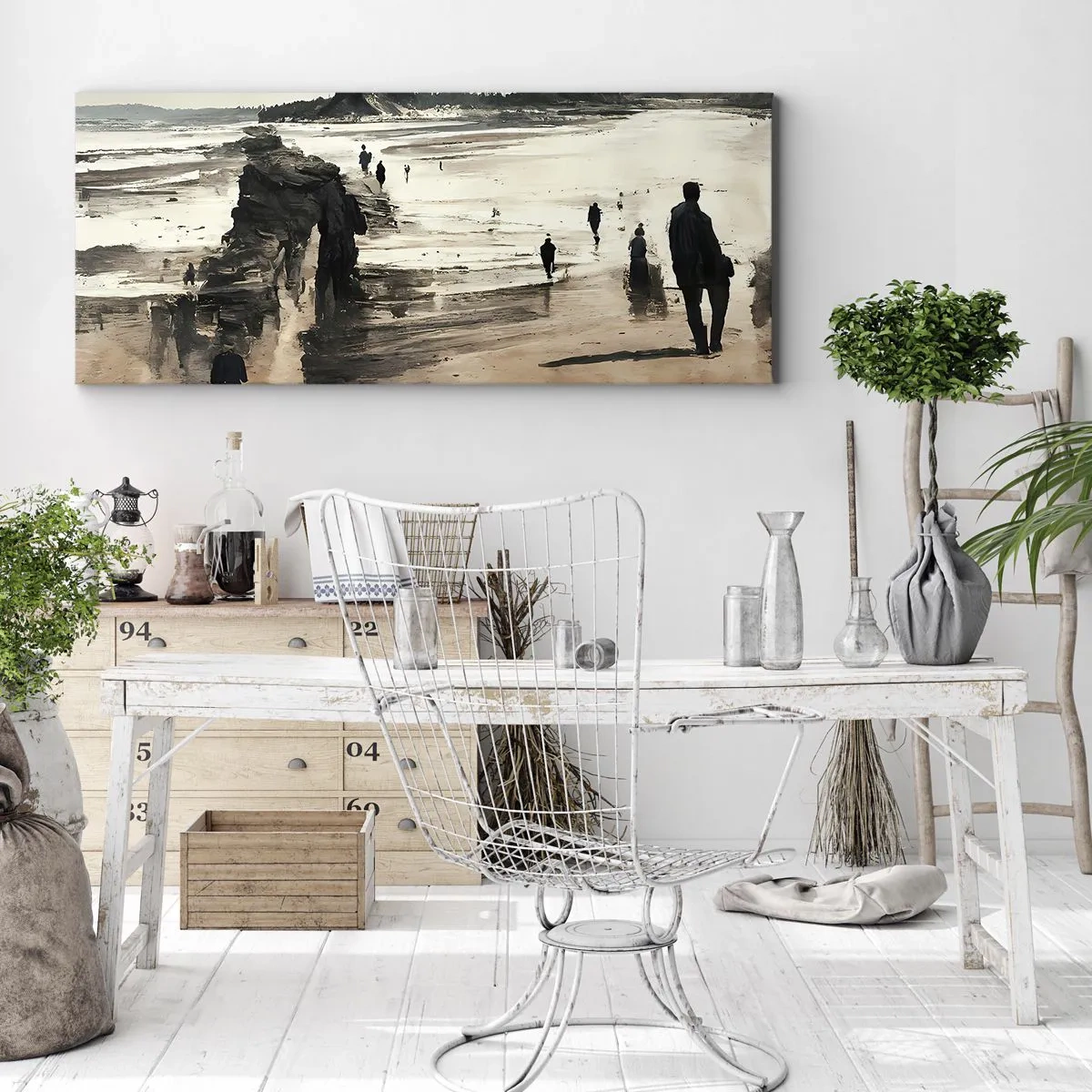 Impression sur toile - Image sur toile - Promeneurs sur la plage dans un paysage paisible - 140x50cm - Invoqué - Décoration murale moderne pour le salon et la chambre ARTTOR