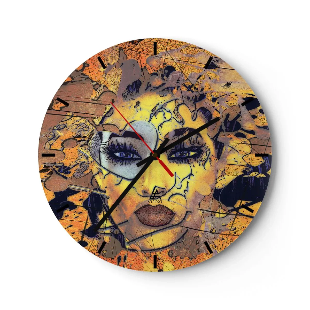 Horloge murale - Pendule murale - Portrait d'une femme abstraite dans les tons or et noir - 30x30cm - Beauté ensoleillée - Décoration murale moderne pour le salon, la cuisine et la chambre ARTTOR