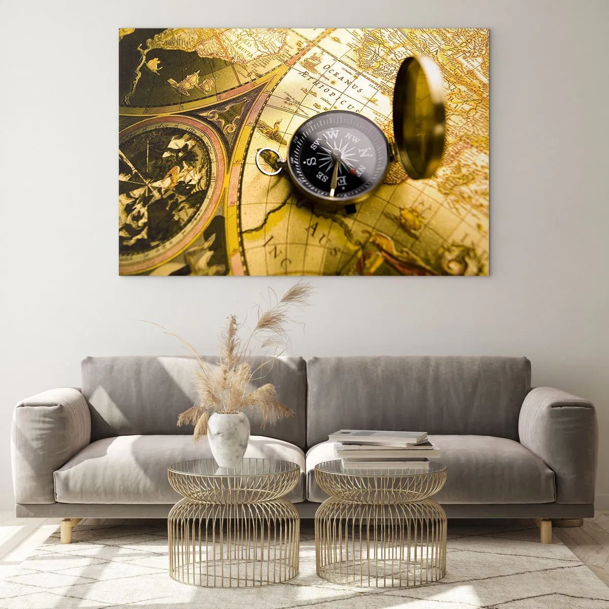 Impression sur verre - Image sur verre - Une carte dorée avec une boussole comme accent d'aventure - 120x80cm - Ou peut-être jusqu'au bout du monde ? - Décoration murale moderne pour le salon et la chambre ARTTOR