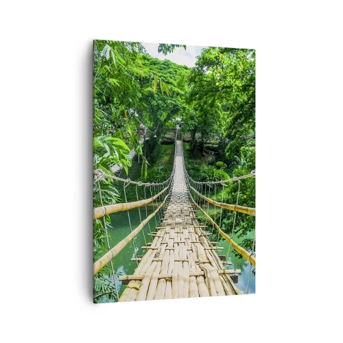 Impression sur toile - Image sur toile - Un pont suspendu en bambou entouré de verdure - 70x100cm - Pont de singe en pleine nature - Décoration murale moderne pour le salon et la chambre ARTTOR