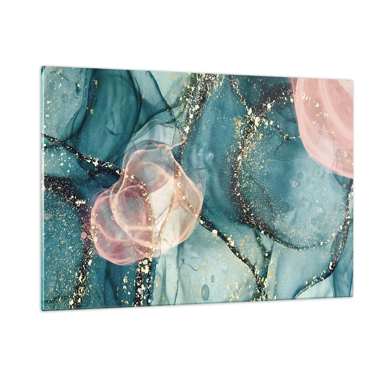 Impression sur verre - Image sur verre - Formes abstraites en bleu et rose avec des détails dorés - 120x80cm - Soie bleu, tulle rose - Décoration murale moderne pour le salon et la chambre ARTTOR