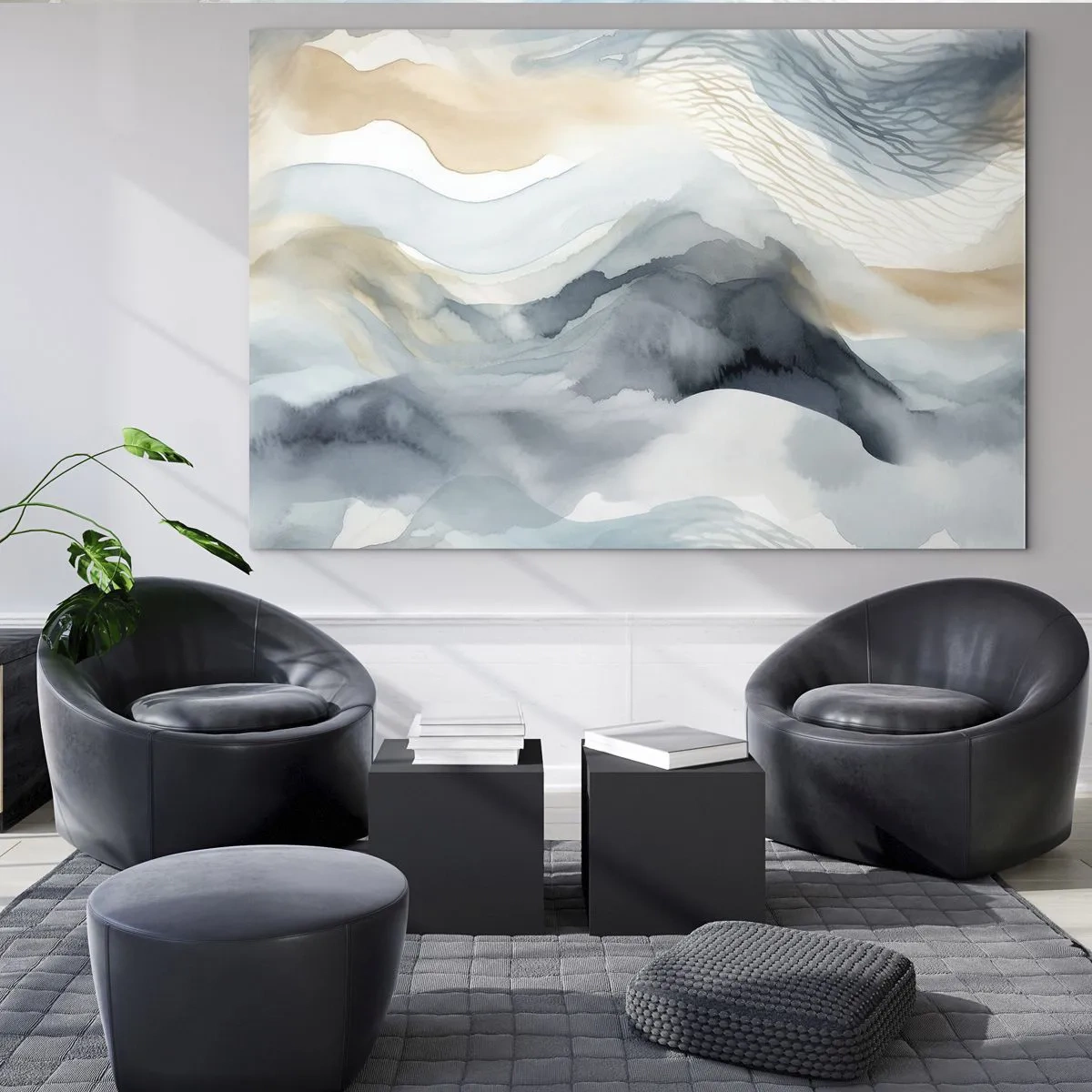Impression sur verre - Image sur verre - Vagues abstraites dans les tons beige et bleu - 70x50cm - Abstraction enneigée et brumeuse - Décoration murale moderne pour le salon et la chambre ARTTOR
