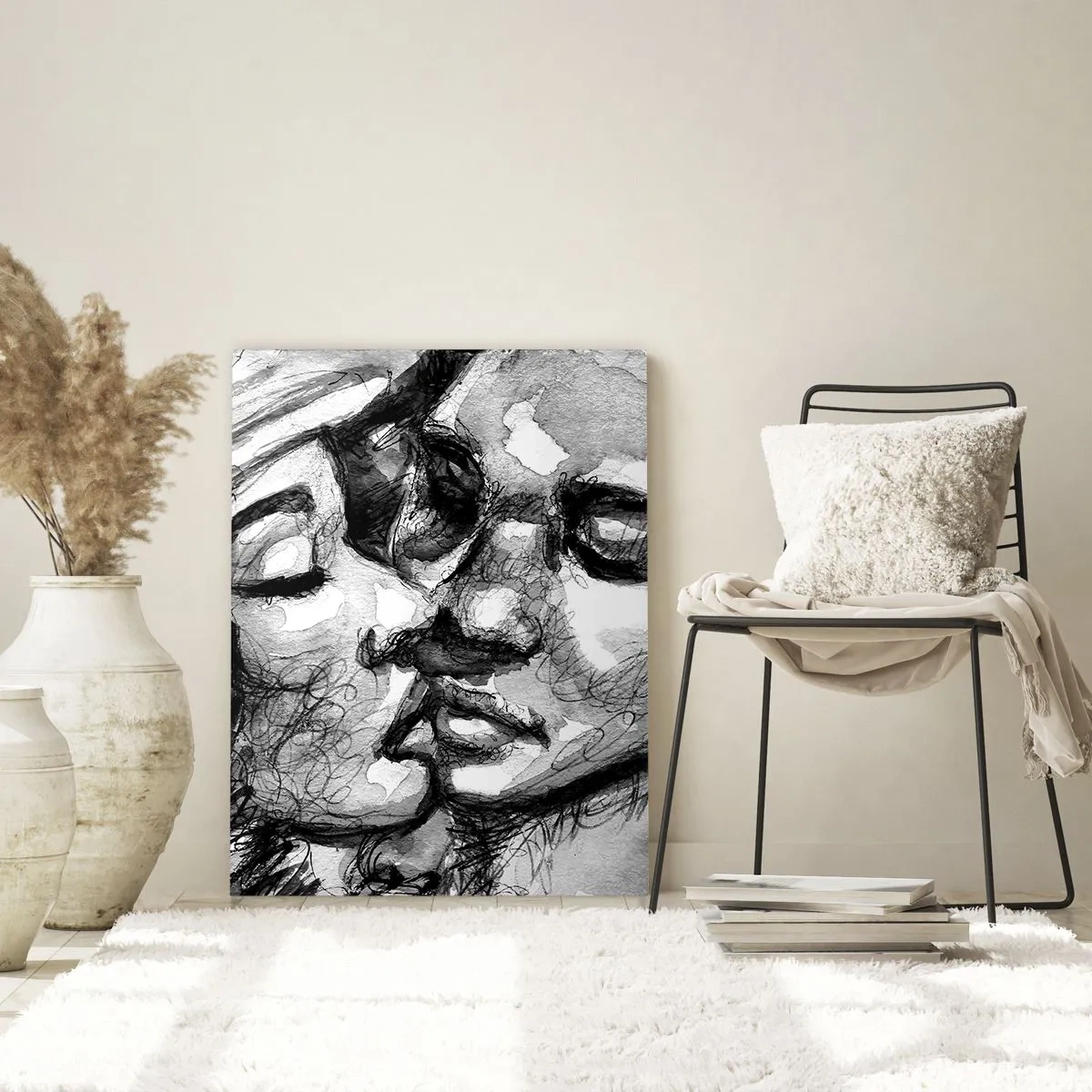 Impression sur verre - Image sur verre - Croquis en noir et blanc d'un tendre baiser - 50x70cm - Un moment tendre - Décoration murale moderne pour le salon et la chambre ARTTOR