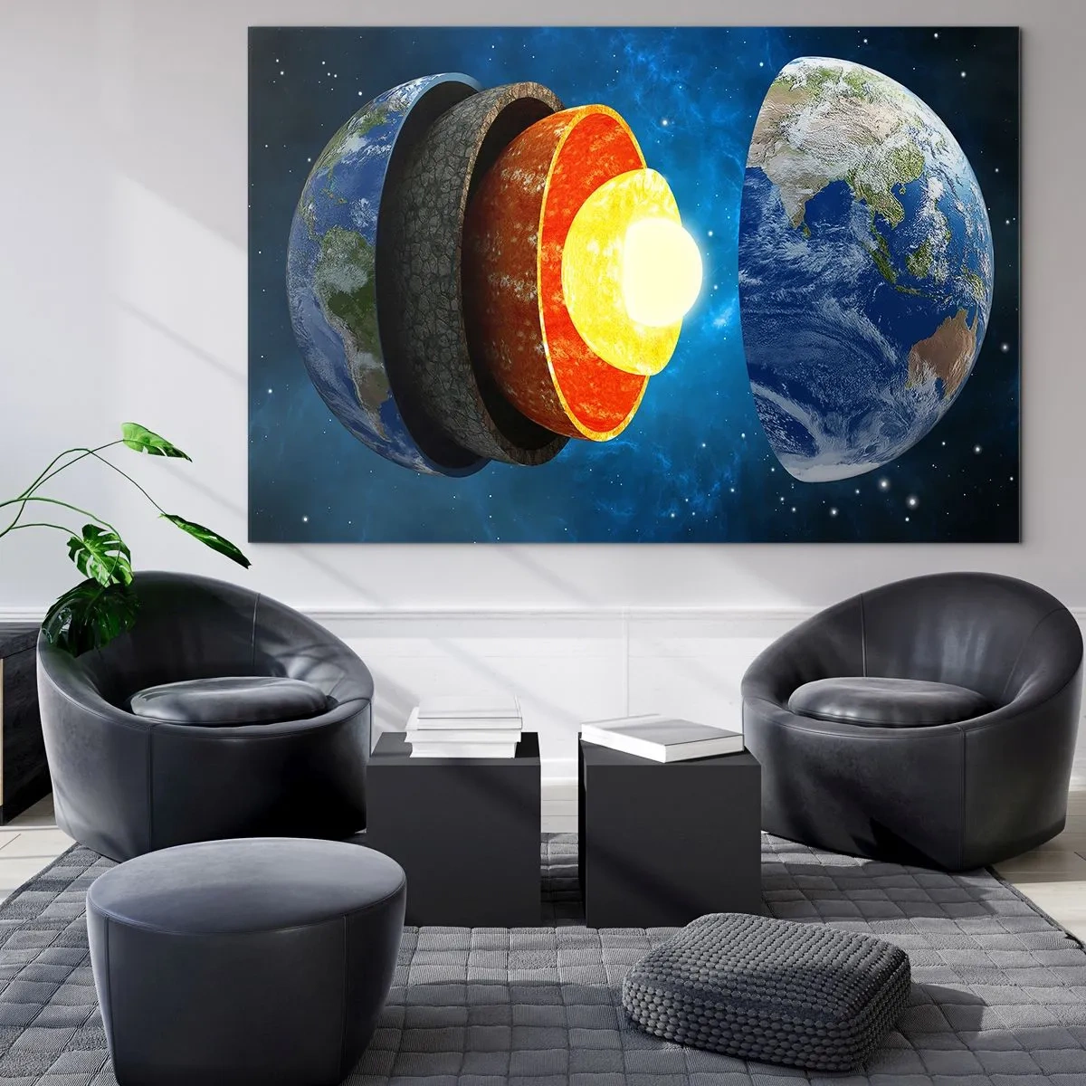 Impression sur verre - Image sur verre - Une coupe transversale de la Terre montrant ses couches sur fond d'espace. - 70x50cm - Voyage au centre de la terre - Décoration murale moderne pour le salon et la chambre ARTTOR