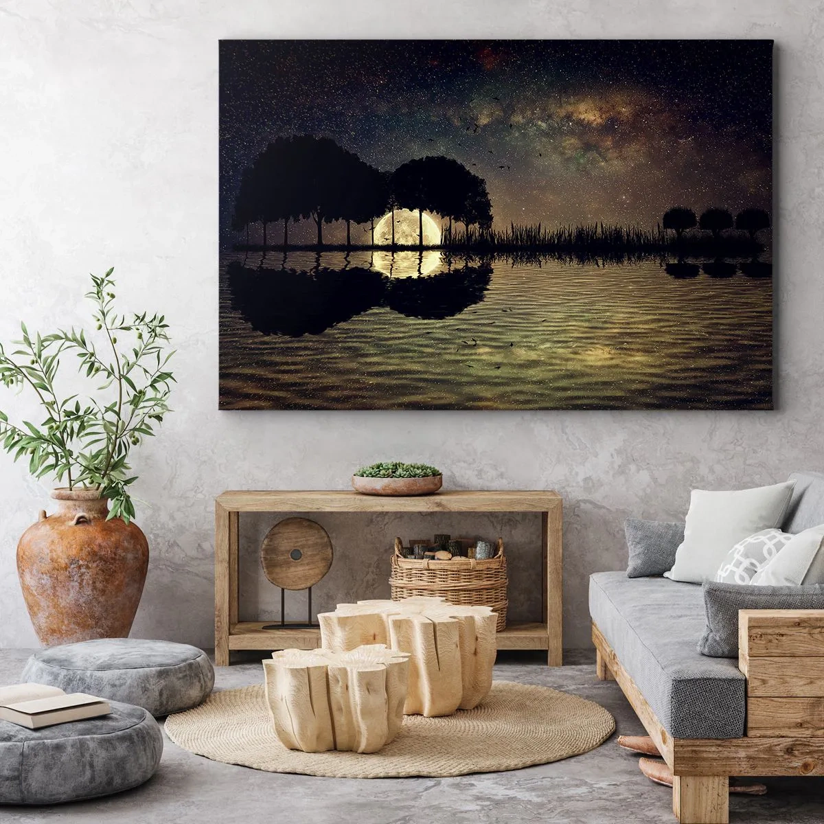 Impression sur toile - Image sur toile - Une nuit magique avec des arbres et la lune se reflétant sur l'eau - 70x50cm - Nuit au bout du monde - Décoration murale moderne pour le salon et la chambre ARTTOR