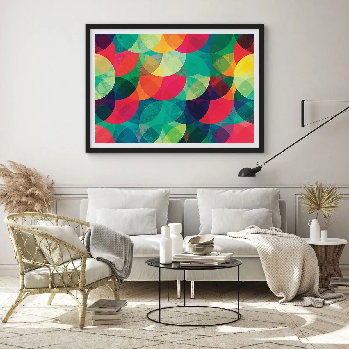 Affiche dans un cadre noir - Poster - Motifs géométriques colorés composés de cercles et de demi-cercles - 70x50cm - Ascension - Décoration murale moderne pour le salon et la chambre ARTTOR
