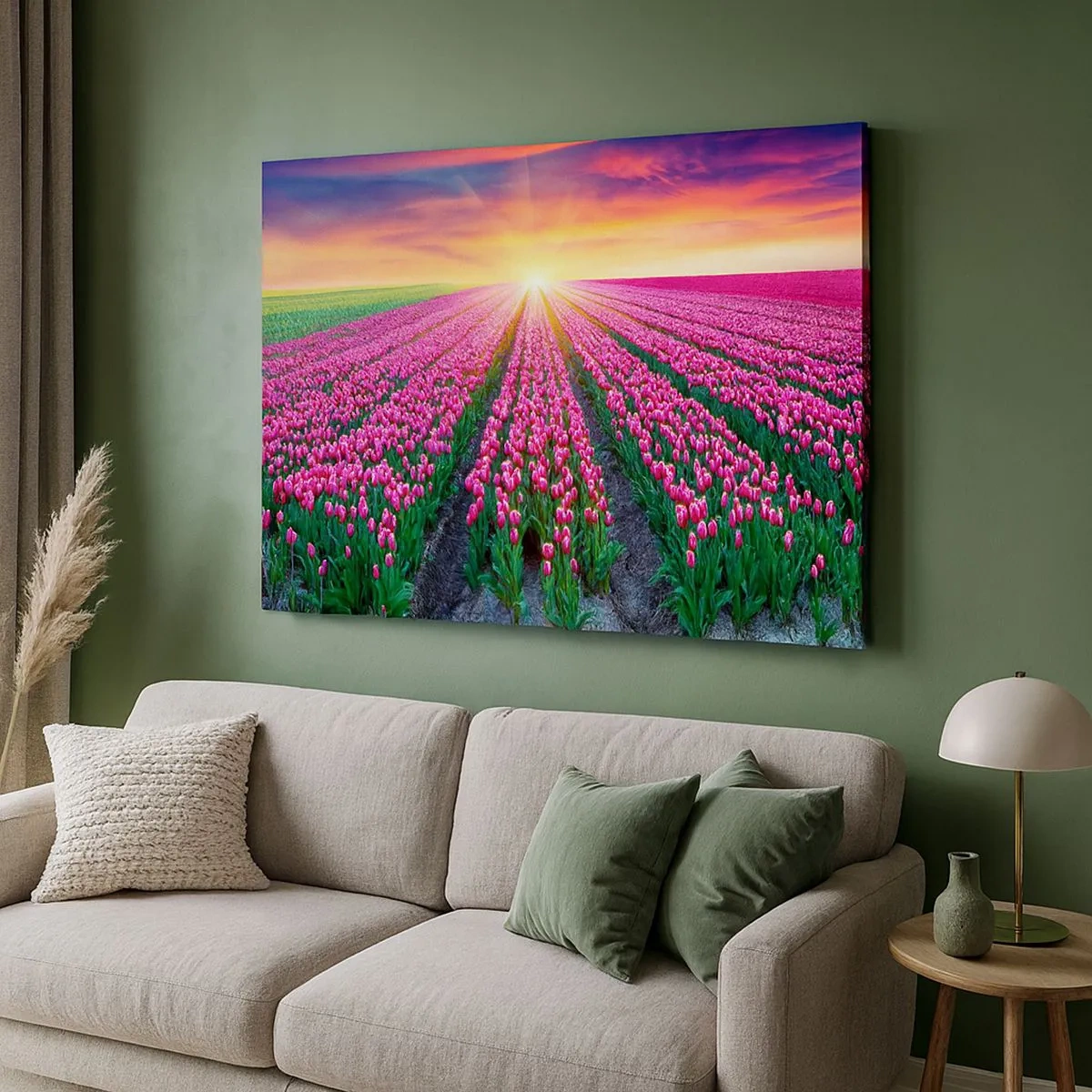 Impression sur toile - Image sur toile - Un champ de tulipes au coucher du soleil - 70x50cm - Ferme de la beauté - Décoration murale moderne pour le salon et la chambre ARTTOR