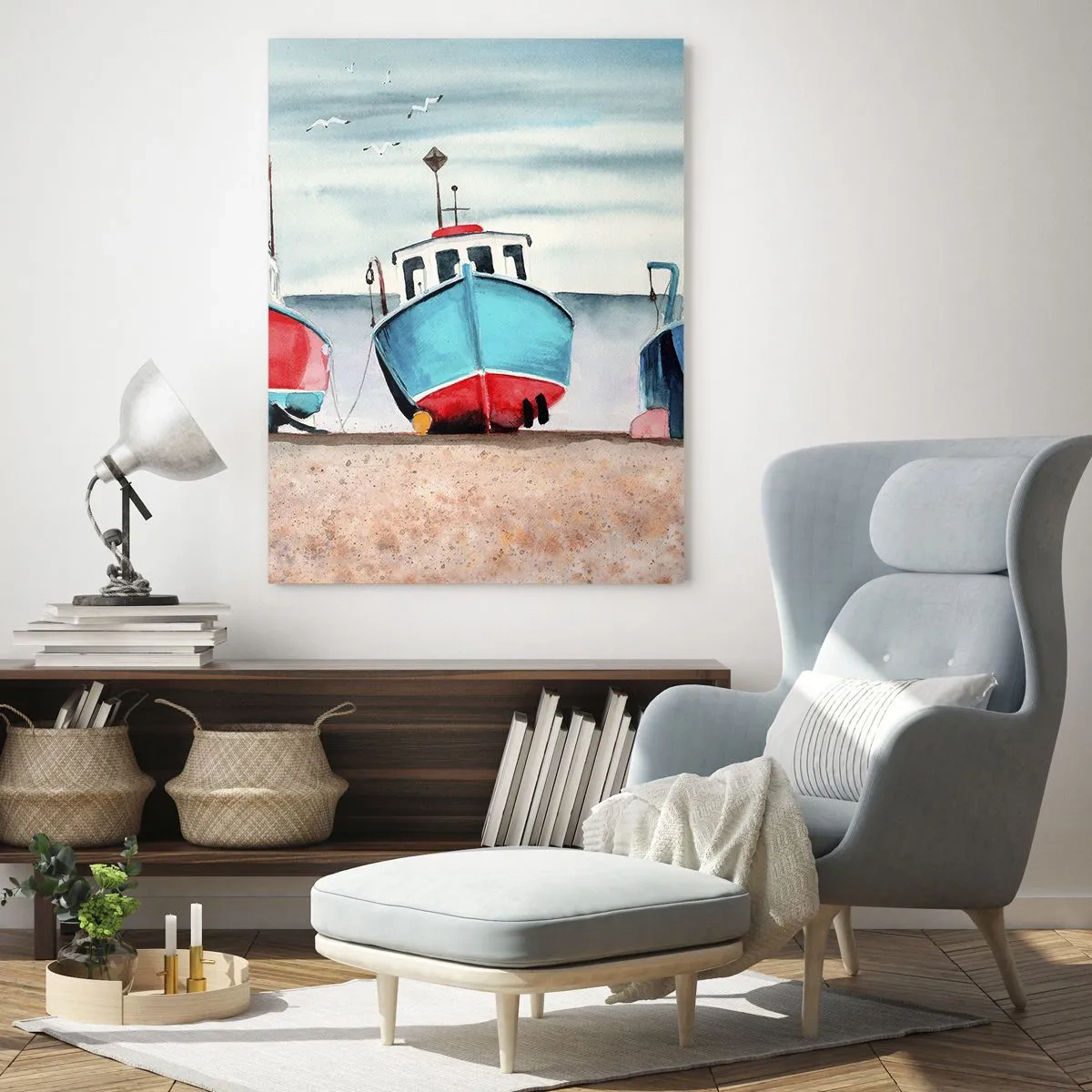 Impression sur verre - Image sur verre - Bateaux de pêche colorés sur le rivage dans un paysage marin - 80x120cm - Prêt pour la pêche - Décoration murale moderne pour le salon et la chambre ARTTOR