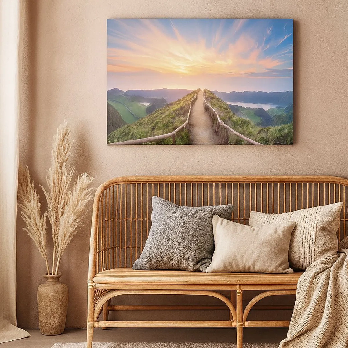 Impression sur toile - Image sur toile - Un sentier pittoresque sur une colline avec vue sur le coucher de soleil - 70x50cm - Proche du ciel - Décoration murale moderne pour le salon et la chambre ARTTOR