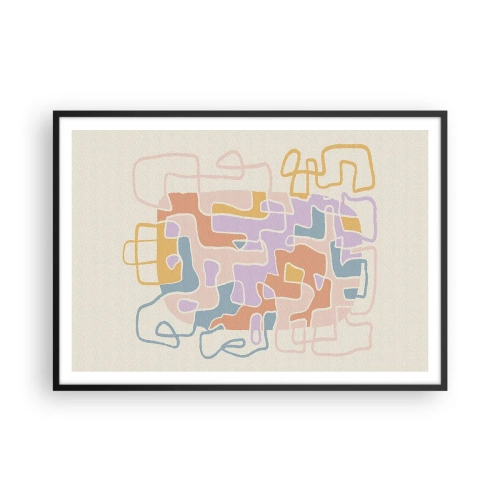 Affiche dans un cadre noir - Poster - Lignes abstraites pastel créant des motifs géométriques - 100x70cm - Labyrinthe – une aventure joyeuse - Décoration murale moderne pour le salon et la chambre ARTTOR