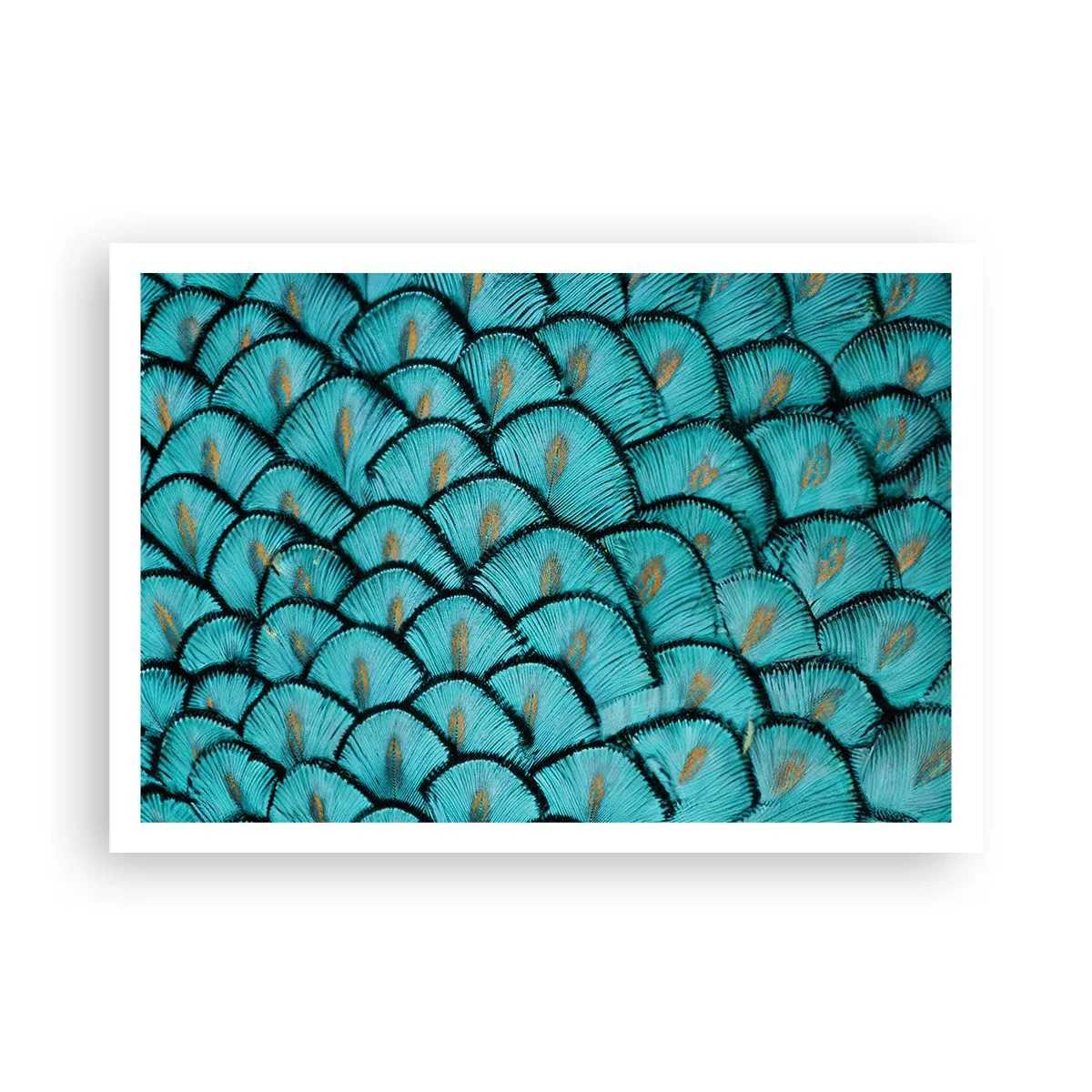 Affiche - Poster - Un motif ressemblant à des écailles turquoise avec des accents dorés - 100x70cm - Le grand gala des plumes - Décoration murale moderne pour le salon et la chambre ARTTOR