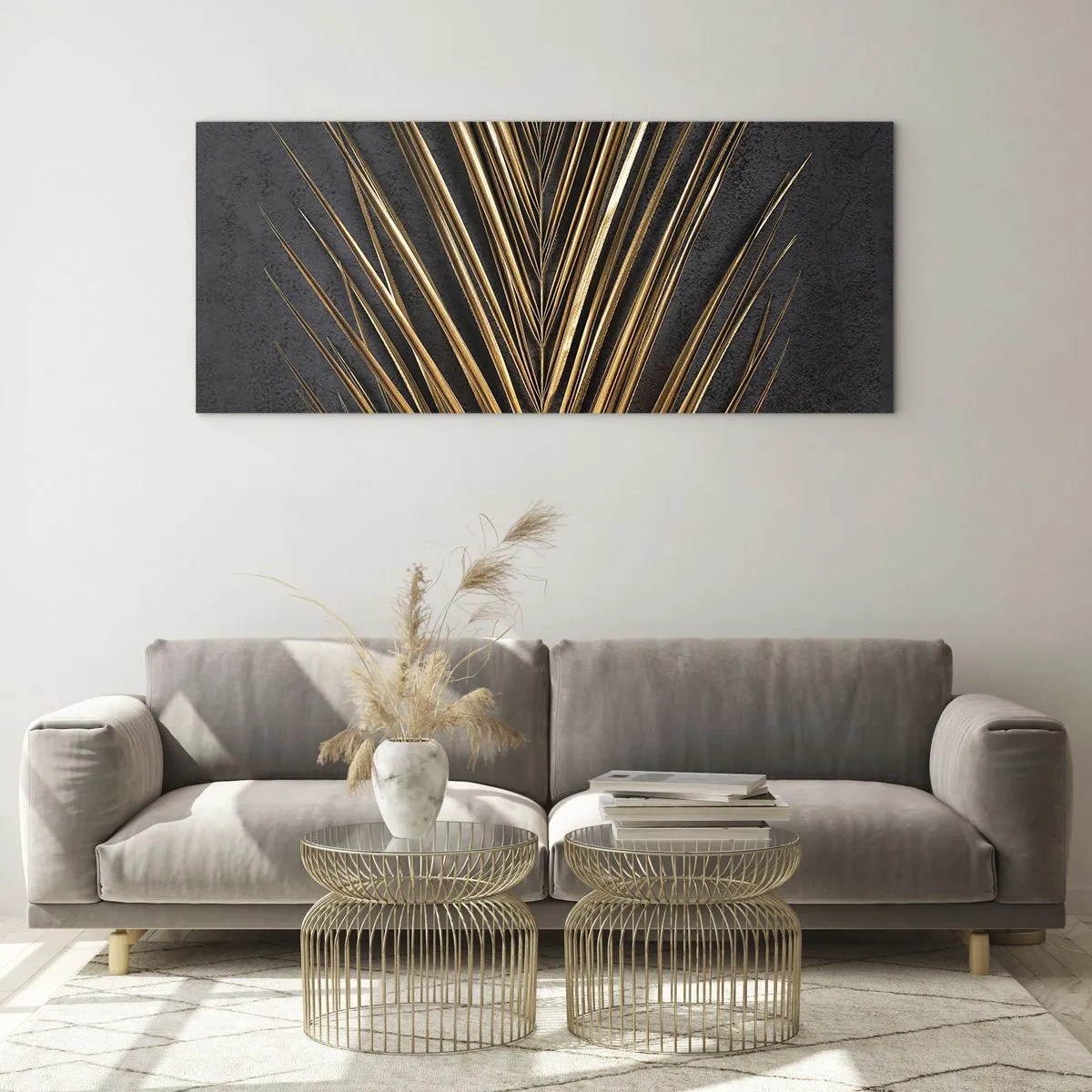 Impression sur verre - Image sur verre - Feuille tropicale dorée sur fond noir - 120x50cm - L'or des tropiques - Décoration murale moderne pour le salon et la chambre ARTTOR