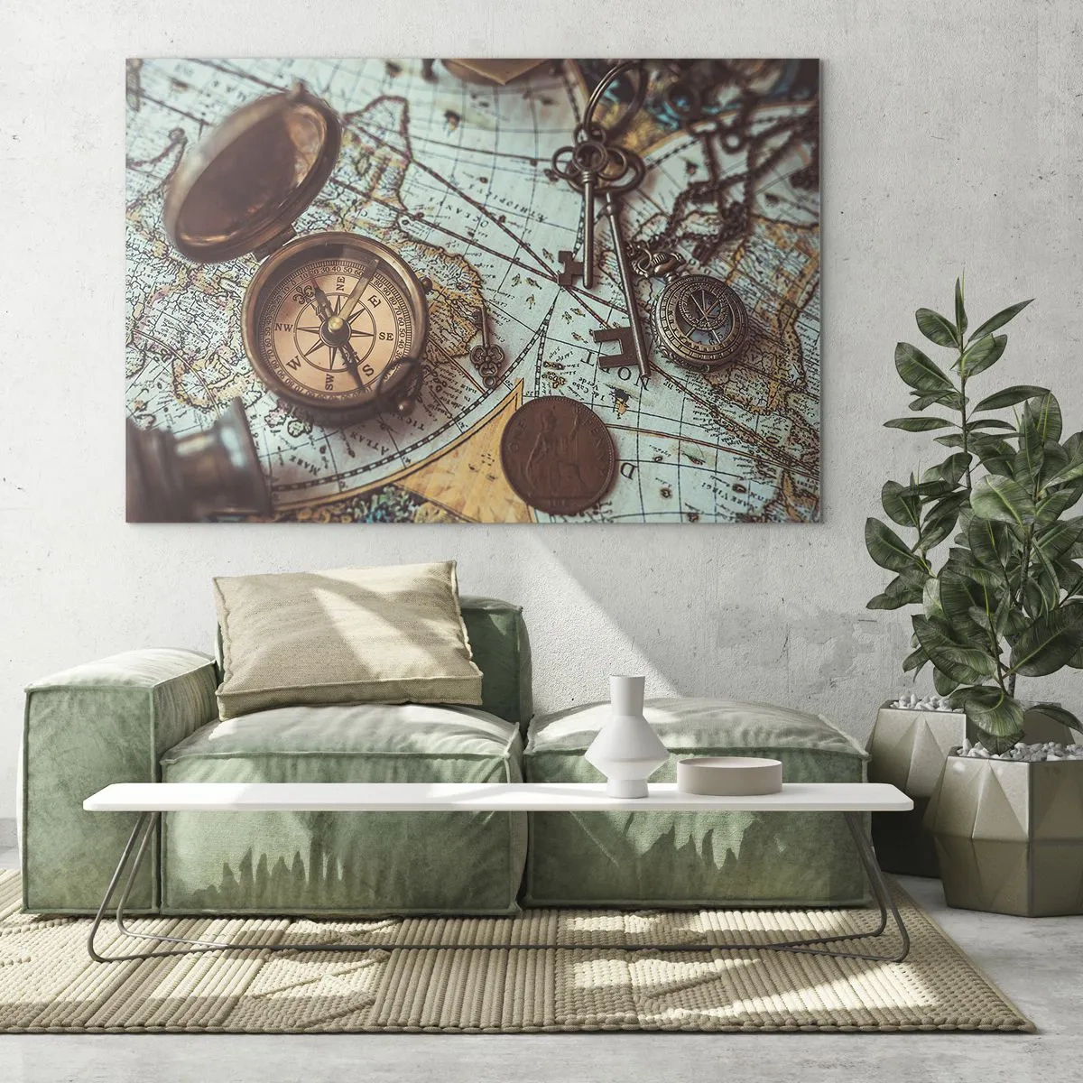 Impression sur verre - Image sur verre - Une boussole antique sur fond de carte et de clés antiques. - 70x50cm - Pour ceux qui recherche l'aventure - Décoration murale moderne pour le salon et la chambre ARTTOR
