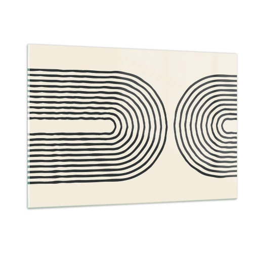 Impression sur verre - Image sur verre - Une peinture abstraite en noir et blanc représentant des lignes en forme d'arc. - 120x80cm - Dans un instant... - Décoration murale moderne pour le salon et la chambre ARTTOR