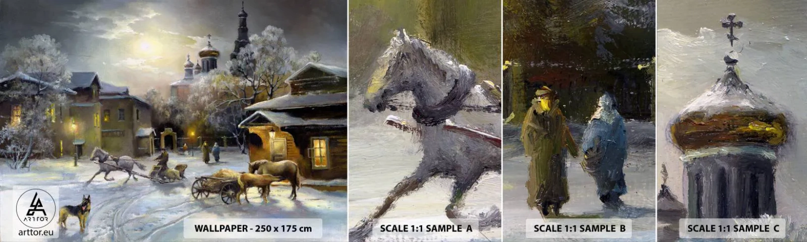 Échantillon de Papier Peint Autocollant Deluxe Sticker - La magie de l'hiver russe - Paysage, Village, L'hiver à la campagne - 100x30 cm