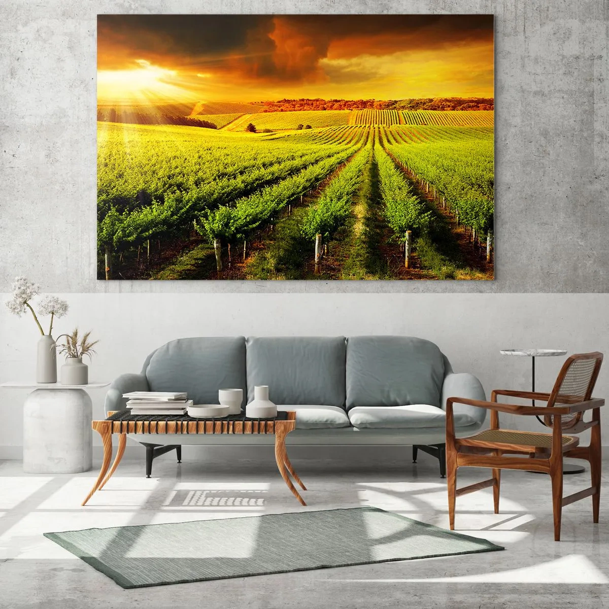 Impression sur verre - Image sur verre - Vignoble à la lumière du soleil couchant - 70x50cm - Sous le soleil australien - Décoration murale moderne pour le salon et la chambre ARTTOR