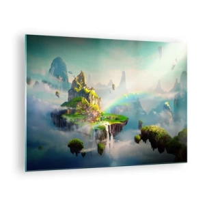 Impression sur verre - Image sur verre - Îles volantes dans les nuages avec arcs-en-ciel et cascades - 70x50cm - Au milieu des cieux - îles du bonheur - Décoration murale moderne pour le salon et la chambre ARTTOR