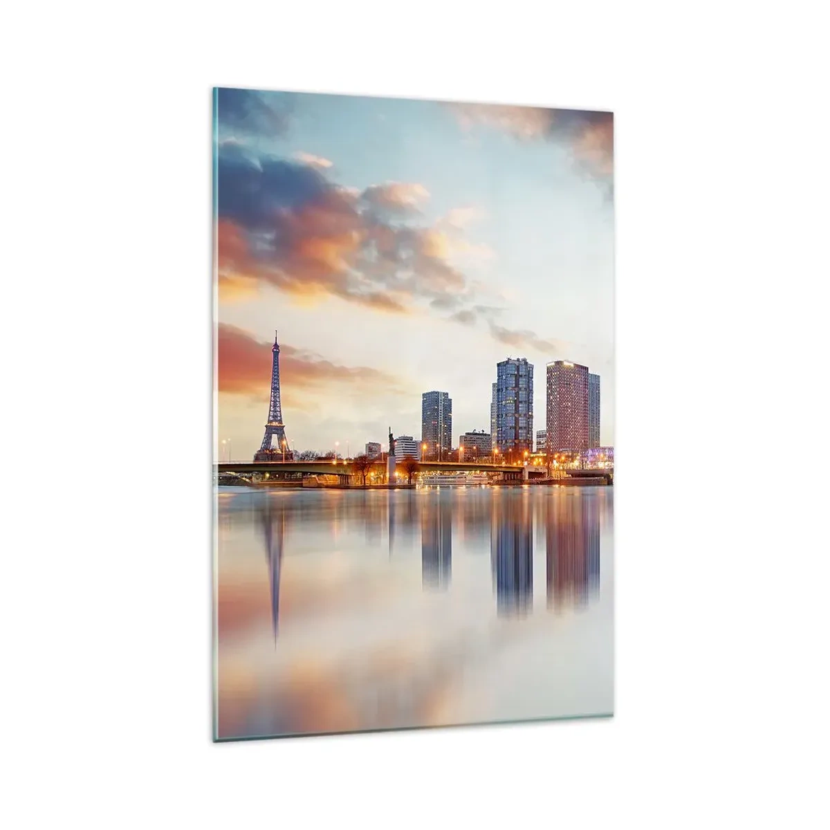 Impression sur verre - Image sur verre - Panorama des bâtiments modernes et de la Tour Eiffel au-dessus de l'eau - 80x120cm - La tranquillité monumentale de Paris - Décoration murale moderne pour le salon et la chambre ARTTOR
