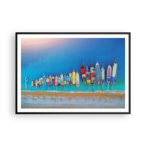 Affiche dans un cadre noir - Poster - Des bateaux colorés alignés en rangée sur le rivage - 100x70cm - Une vue à vol d'oiseau - Décoration murale moderne pour le salon et la chambre ARTTOR