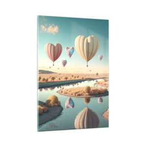 Impression sur verre - Image sur verre - Des ballons en forme de cœur flottant au-dessus du paysage - 80x120cm - L'amour te permet de t'élever - Décoration murale moderne pour le salon et la chambre ARTTOR