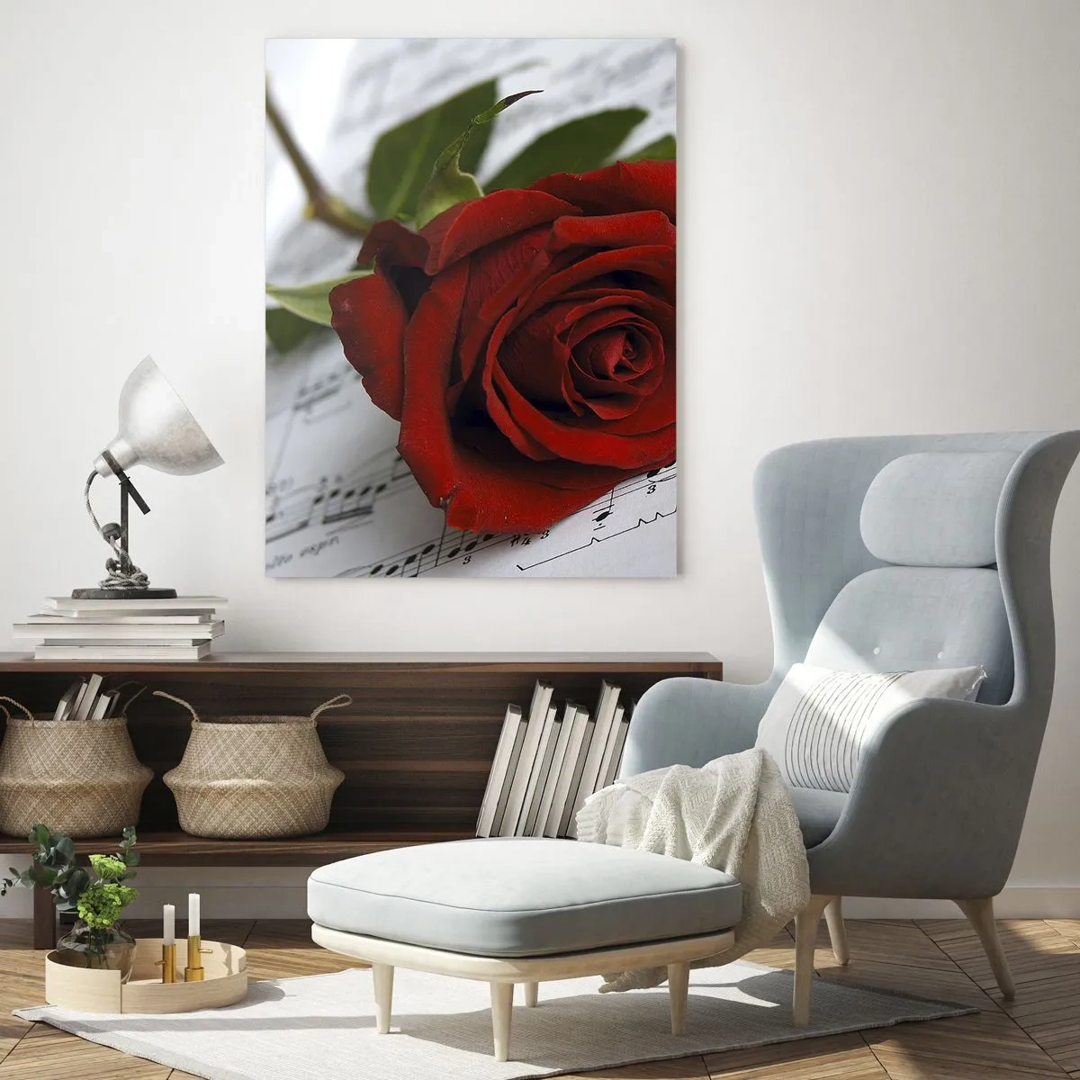 Impression sur verre - Image sur verre - Une rose rouge sur un fond de notes de musique - 50x70cm - Musique des sentiments en écarlate - Décoration murale moderne pour le salon et la chambre ARTTOR