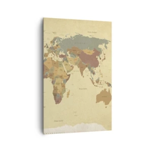 Impression sur toile - Image sur toile - Une carte du monde stylisée dans des tons de beige et de couleurs pastel. - 80x120cm - Pour vous - le monde entier - Décoration murale moderne pour le salon et la chambre ARTTOR