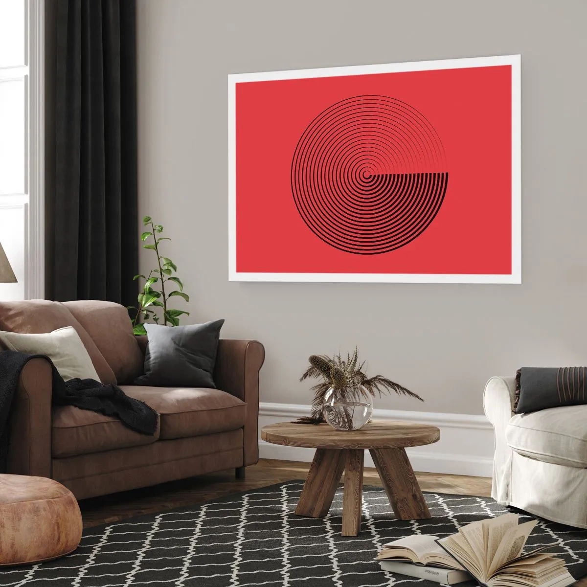 Affiche - Poster - Cercles concentriques sur fond rouge - 100x70cm - Mouvement circulaire - Décoration murale moderne pour le salon et la chambre ARTTOR