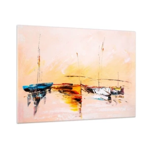 Impression sur verre - Image sur verre - Bateaux colorés amarrés sur fond de coucher de soleil impressionniste - 100x70cm - Soirée à la marina - Décoration murale moderne pour le salon et la chambre ARTTOR