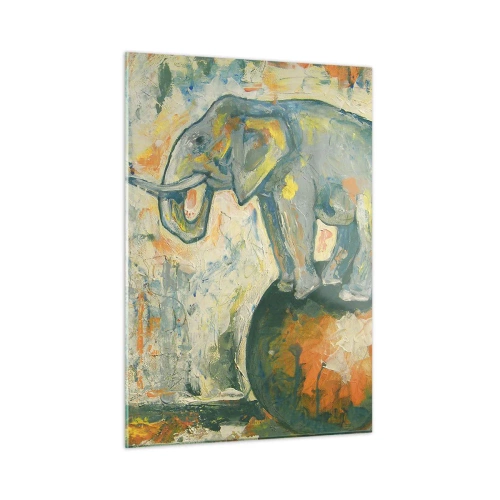 Impression sur verre - Image sur verre - Éléphant abstrait en équilibre sur une balle - 50x70cm - Que vive le cirque ! - Décoration murale moderne pour le salon et la chambre ARTTOR