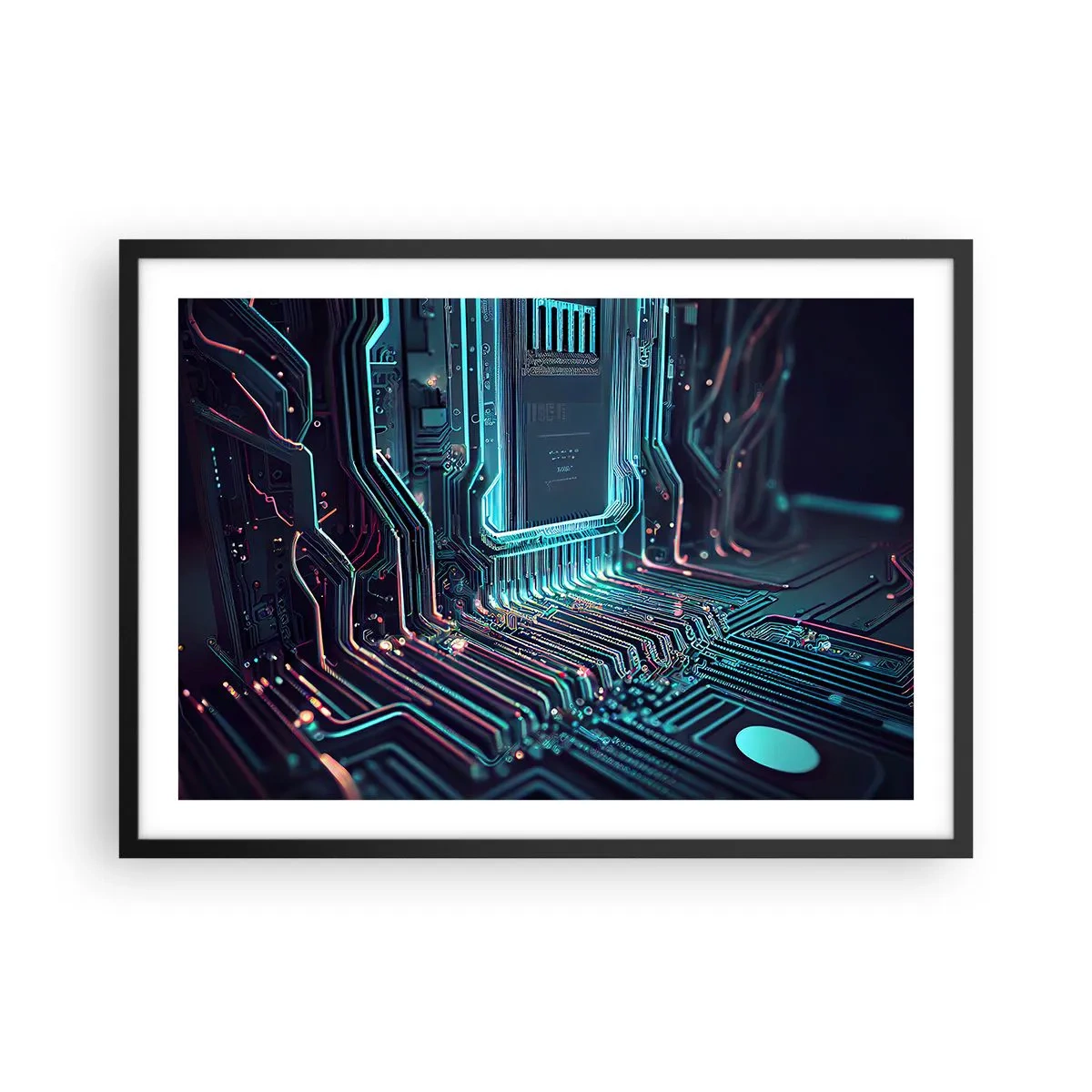 Affiche dans un cadre noir - Poster - Circuit imprimé technologique avec pistes lumineuses - 70x50cm - Je pense comme ça… - Décoration murale moderne pour le salon et la chambre ARTTOR