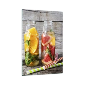 Impression sur verre - Image sur verre - Bouteilles d'eau fruitée et d'herbes sur fond de bois - 70x100cm - Sain par nature - Décoration murale moderne pour le salon et la chambre ARTTOR