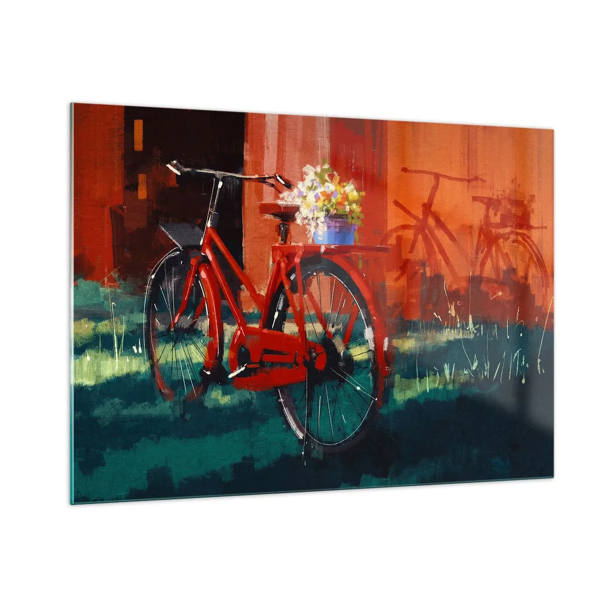 Impression sur verre - Image sur verre - Un vélo rouge avec des fleurs devant un bâtiment rouge - 100x70cm - I want to ride my bicycle - Décoration murale moderne pour le salon et la chambre ARTTOR