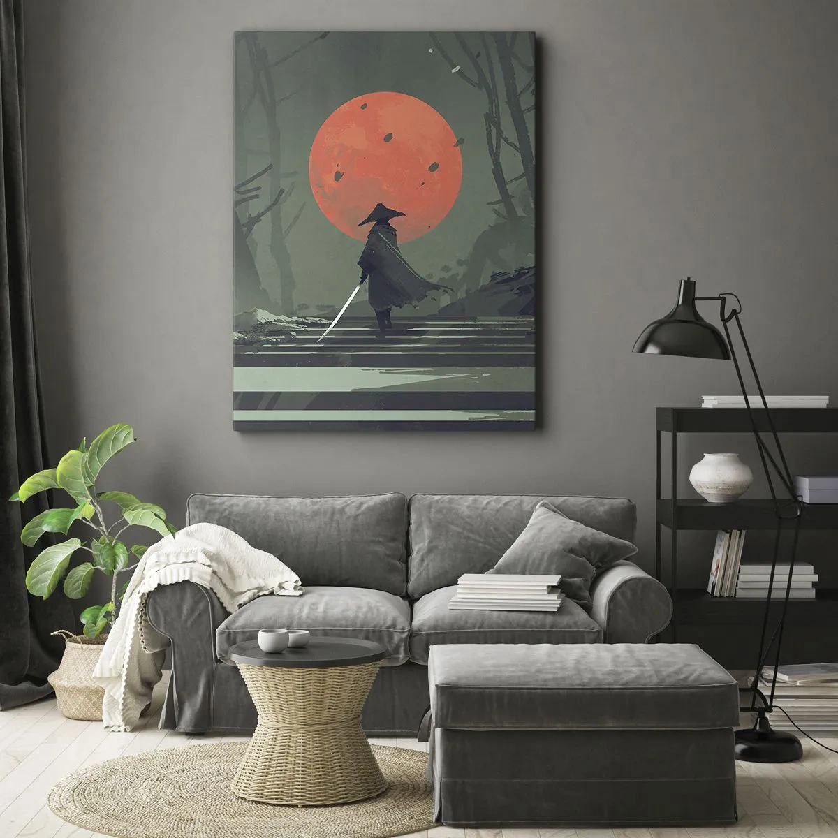 Impression sur toile - Image sur toile - Un guerrier solitaire avec une épée sur fond de lune rouge dans une forêt sombre. - 70x100cm - Guerrier de la lune rouge - Décoration murale moderne pour le salon et la chambre ARTTOR