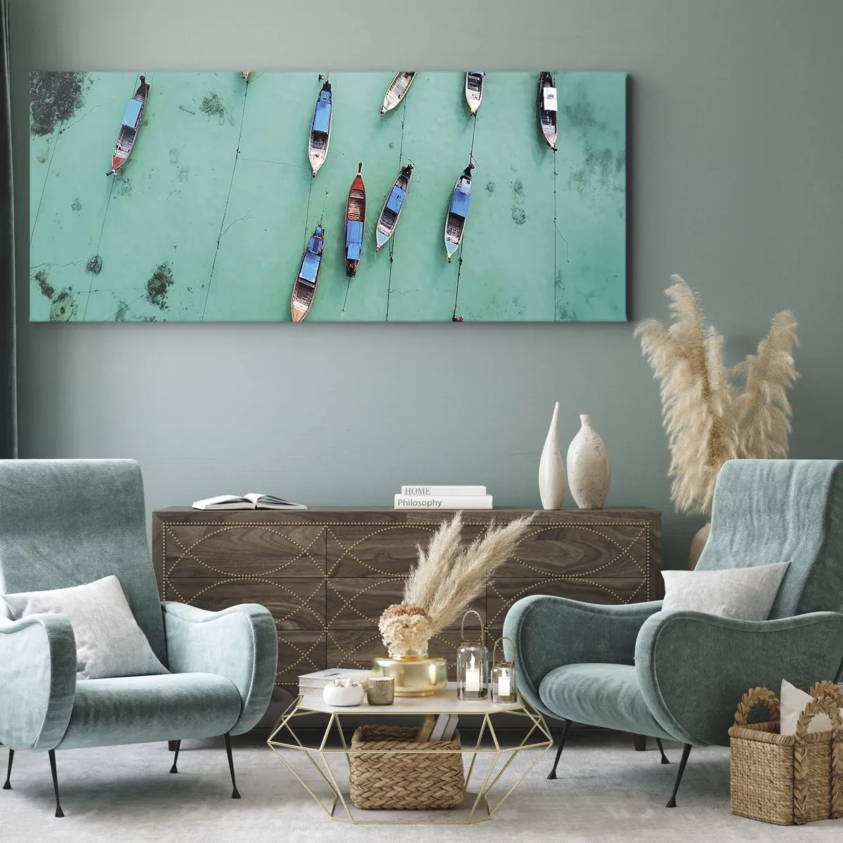 Impression sur toile - Image sur toile - Vue aérienne de bateaux sur une eau turquoise - 120x50cm - Dans une attente jouyeuse - Décoration murale moderne pour le salon et la chambre ARTTOR