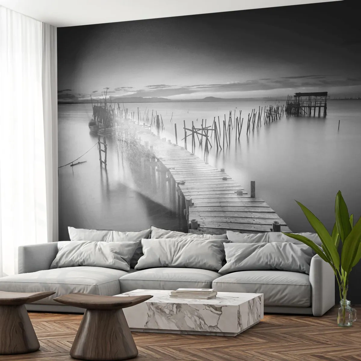 Papier Peint Autocollant Deluxe Sticker - La paix d'un rivage oublié - Paysage, Lac, Pont de bois - 250x175 cm