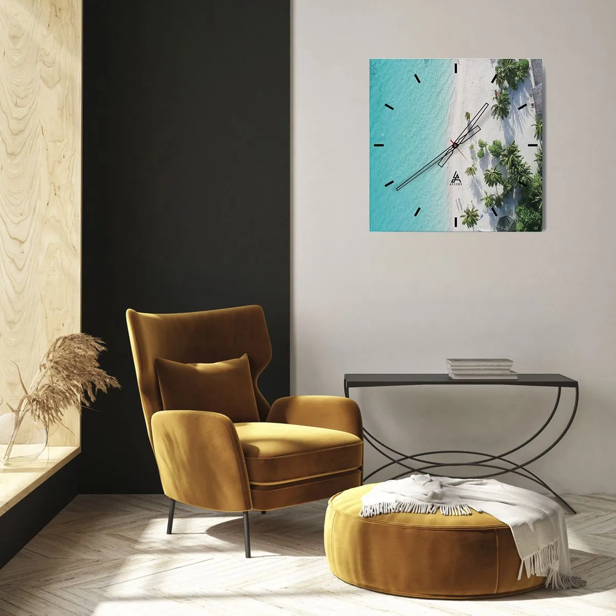 Horloge murale - Pendule murale - Vue plongeante sur une plage tropicale avec de l'eau turquoise et des palmiers - 30x30cm - Vacances au paradis - Décoration murale moderne pour le salon et la chambre ARTTOR