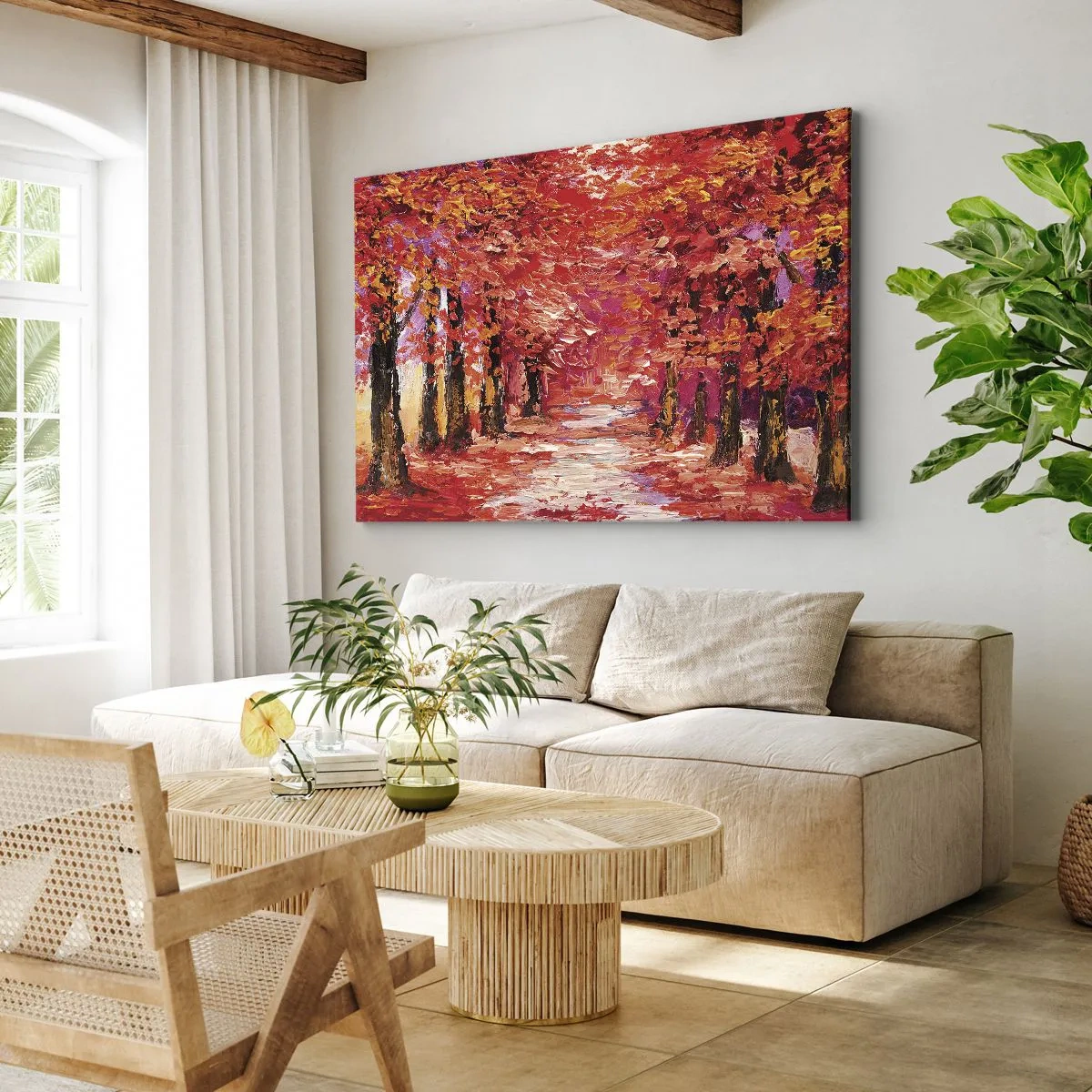 Impression sur toile - Image sur toile - Une ruelle pittoresque aux couleurs d'automne dans le style impressionniste - 70x50cm - Impression d'automne - Décoration murale moderne pour le salon et la chambre ARTTOR