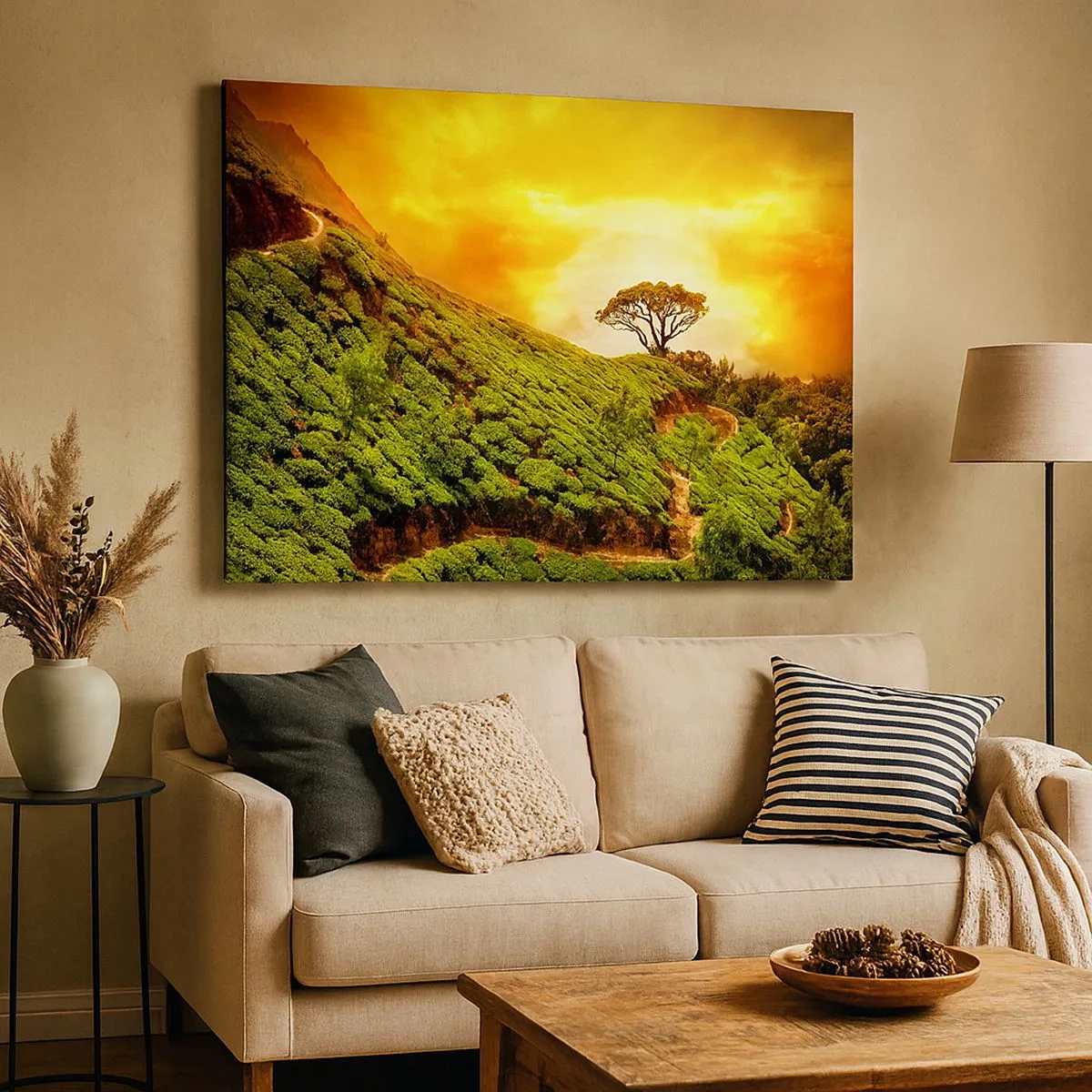 Impression sur toile - Image sur toile - Collines verdoyantes de plantations de thé au coucher du soleil - 70x50cm - Un chemin sinueux, une pente verte - Décoration murale moderne pour le salon et la chambre ARTTOR