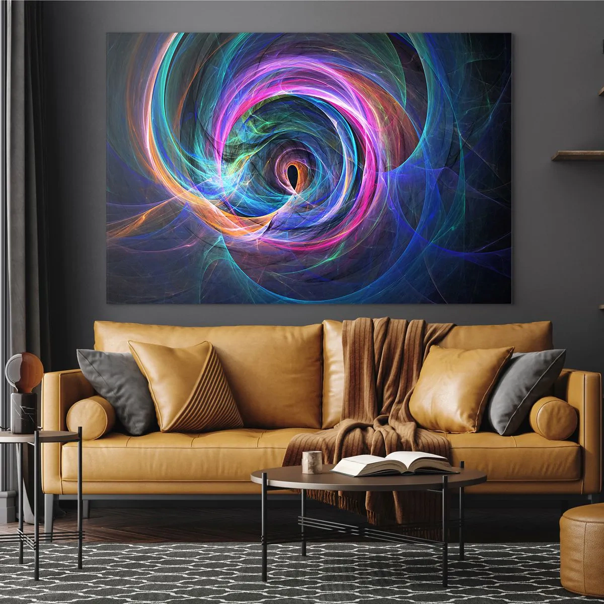 Impression sur verre - Image sur verre - Une spirale abstraite aux couleurs intenses sur fond sombre. - 70x50cm - Où m'emmènes-tu ? - Décoration murale moderne pour le salon et la chambre ARTTOR